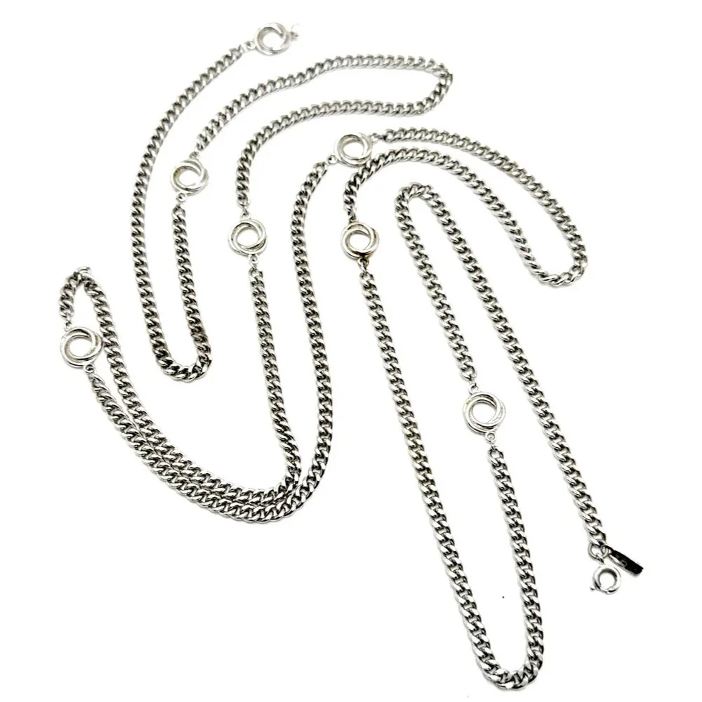 Vintage 70s MONET Silver Tone Station Chain Necklace Double Ring Long Curb 55”